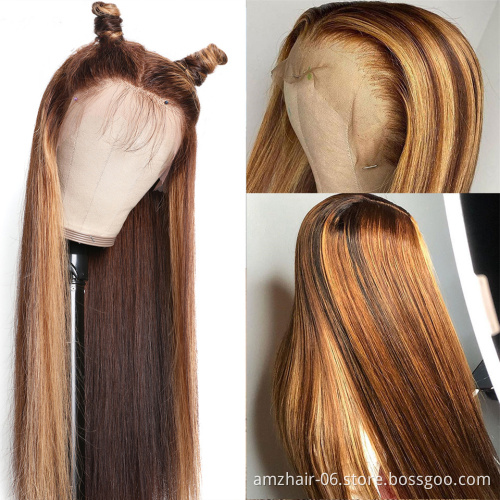 Cheap 100% Human Hair 30 Inch Straight Brown 13x4 Transparent HD Lace Front Highlight Human Hair Wigs Young Girl Virgin Hair Wig